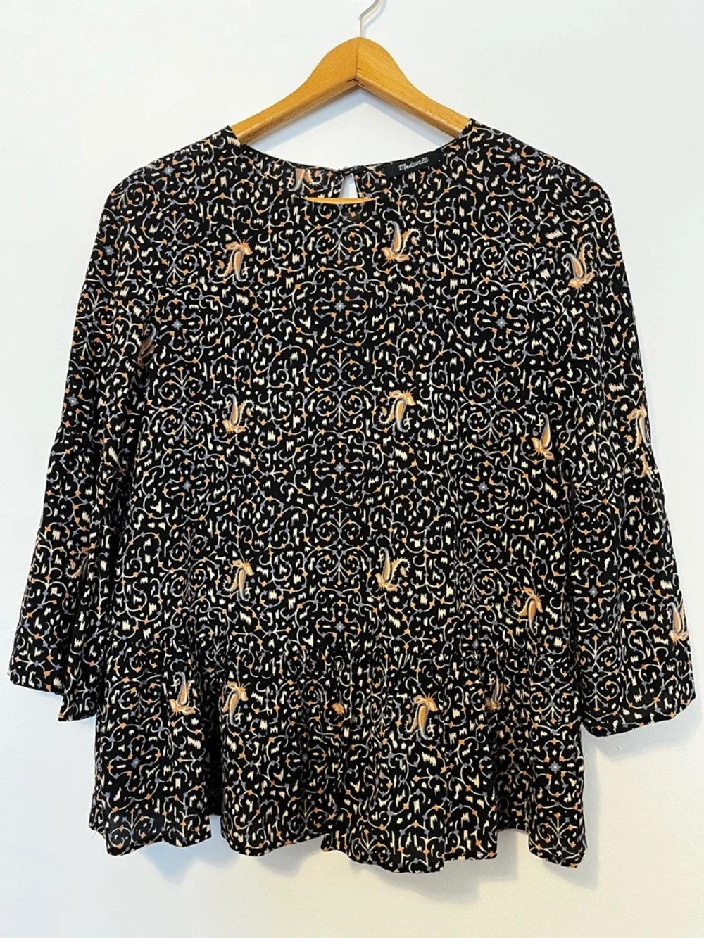 Madewell Fiesta Paisley Silk Bell Sleeve 3/4 Peplum Blouse Button Keyhole Back